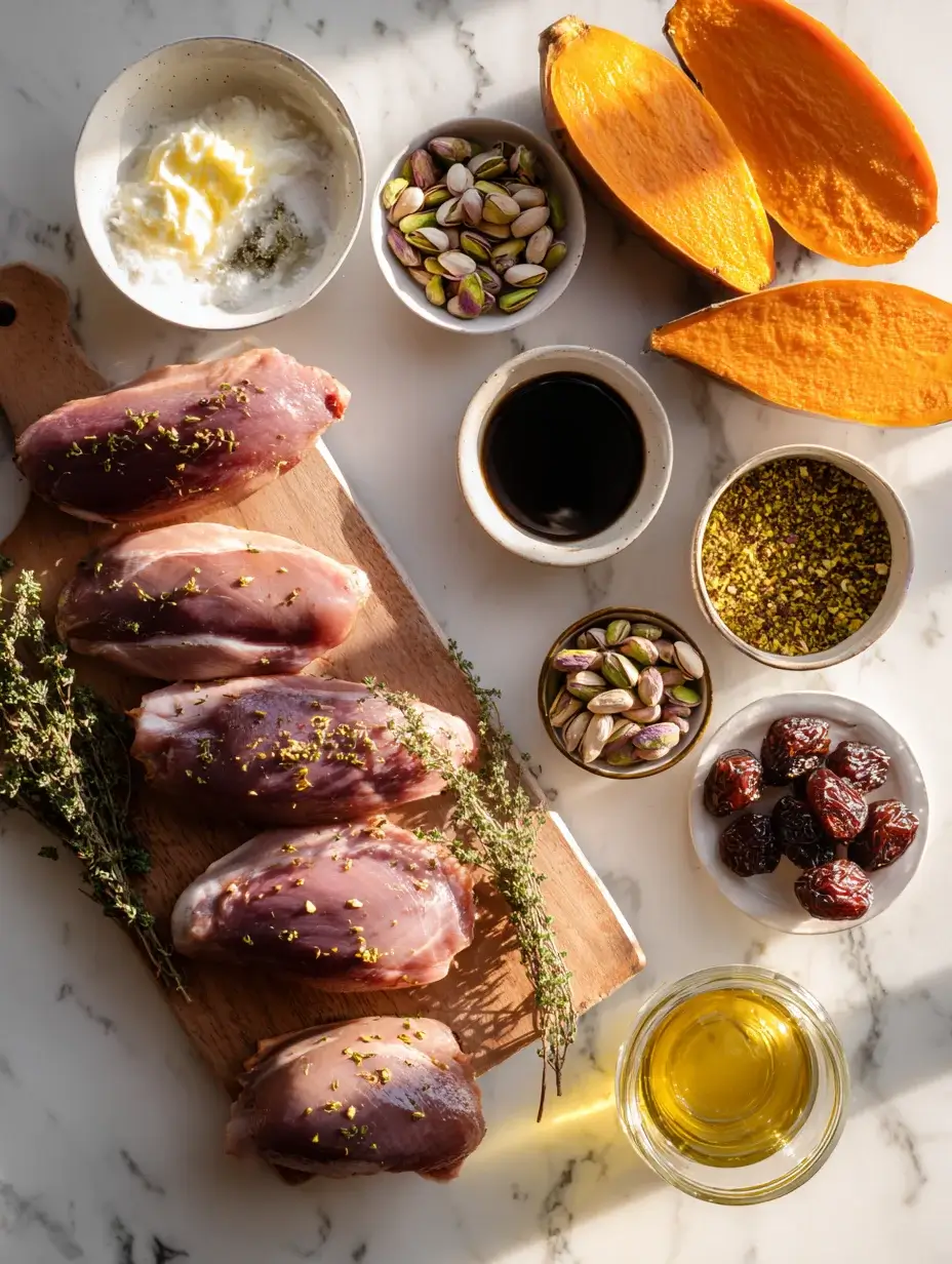 Fresh ingredients for Duck Breast Roll laid out on marble.