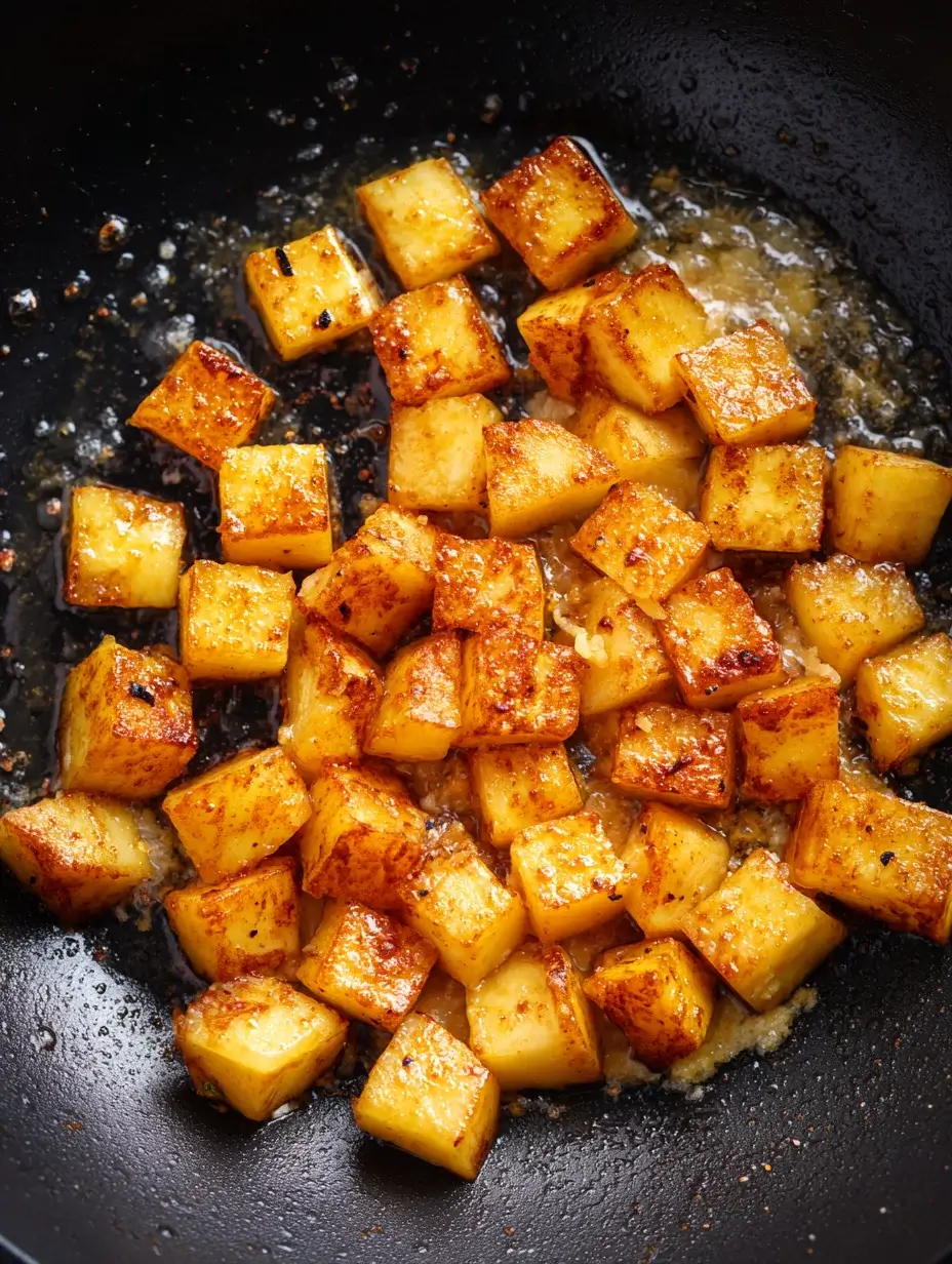 Honeyed apple cubes caramelizing in a skillet with butter.