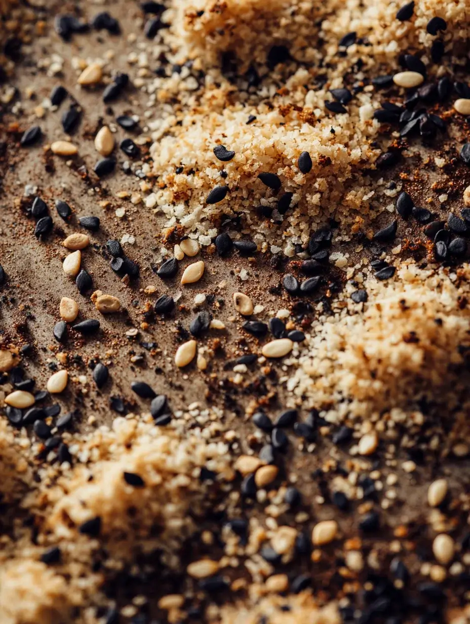 Crispy panko and black sesame forest soil toasting on tray in the oven