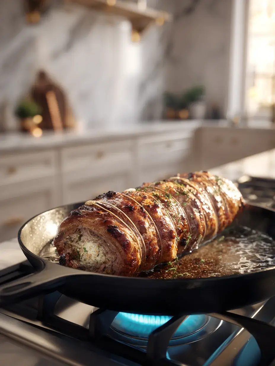Searing Beef Tenderloin Log in skillet before roasting.