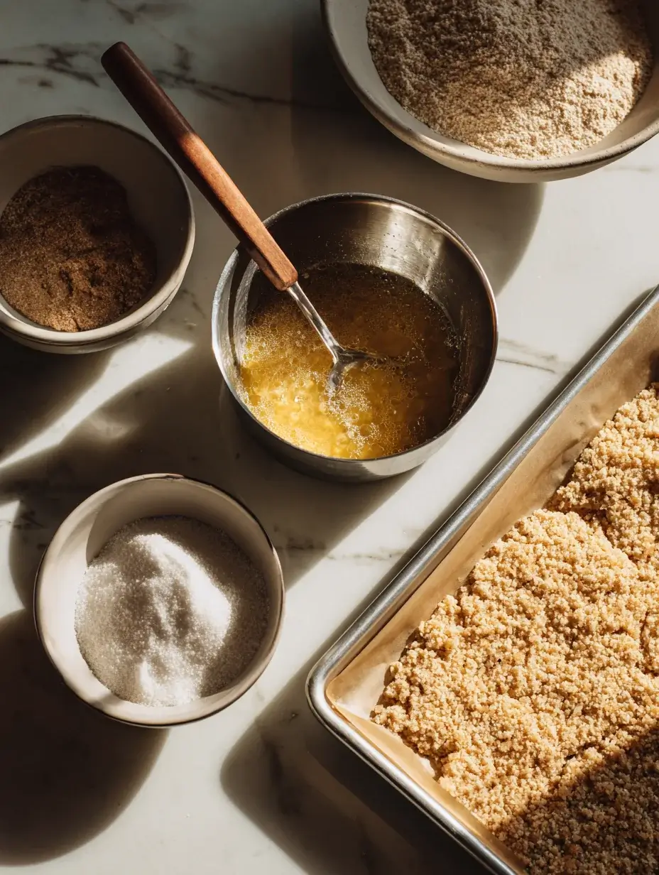 Golden brown butter and crumble mixture baking on a tray until crisp.