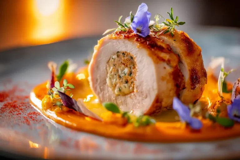 Chicken Supreme with Brie Core plated with roasted carrot cream and sage powder.