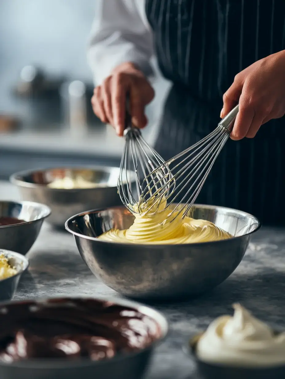 Chef whisking yolks and folding cream and egg whites into chocolate mousse mixture.