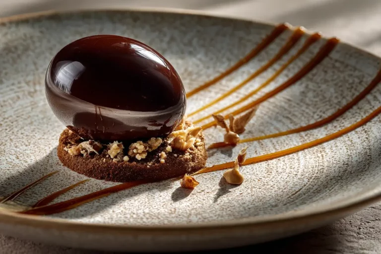 Dark Chocolate Mousse Egg plated with coffee air and caramel thread.