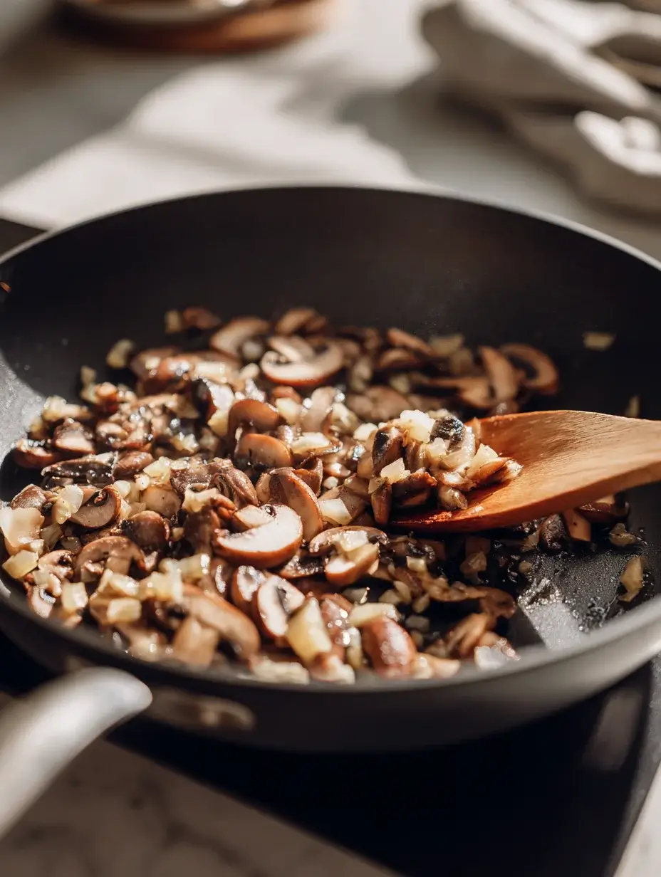 Mushrooms sautéing with butter, shallots, and garlic in a skillet for Chicken Ballotine filling.