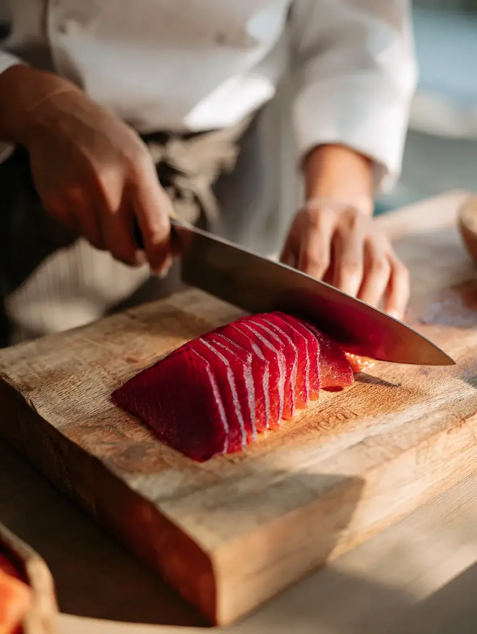 Slicing cured beet-cured Salmon Gravlax