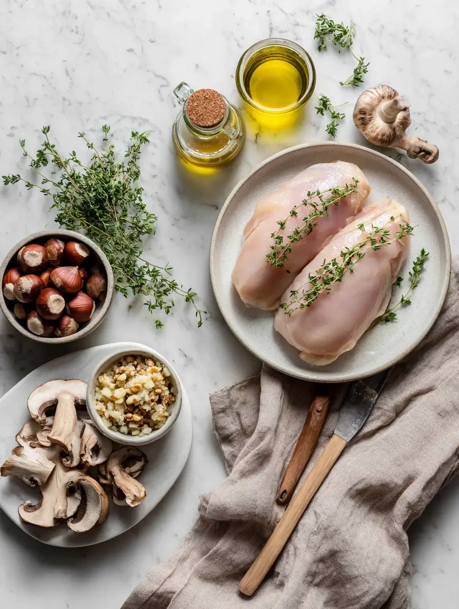 Flat lay of Chicken Ballotine ingredients on marble background