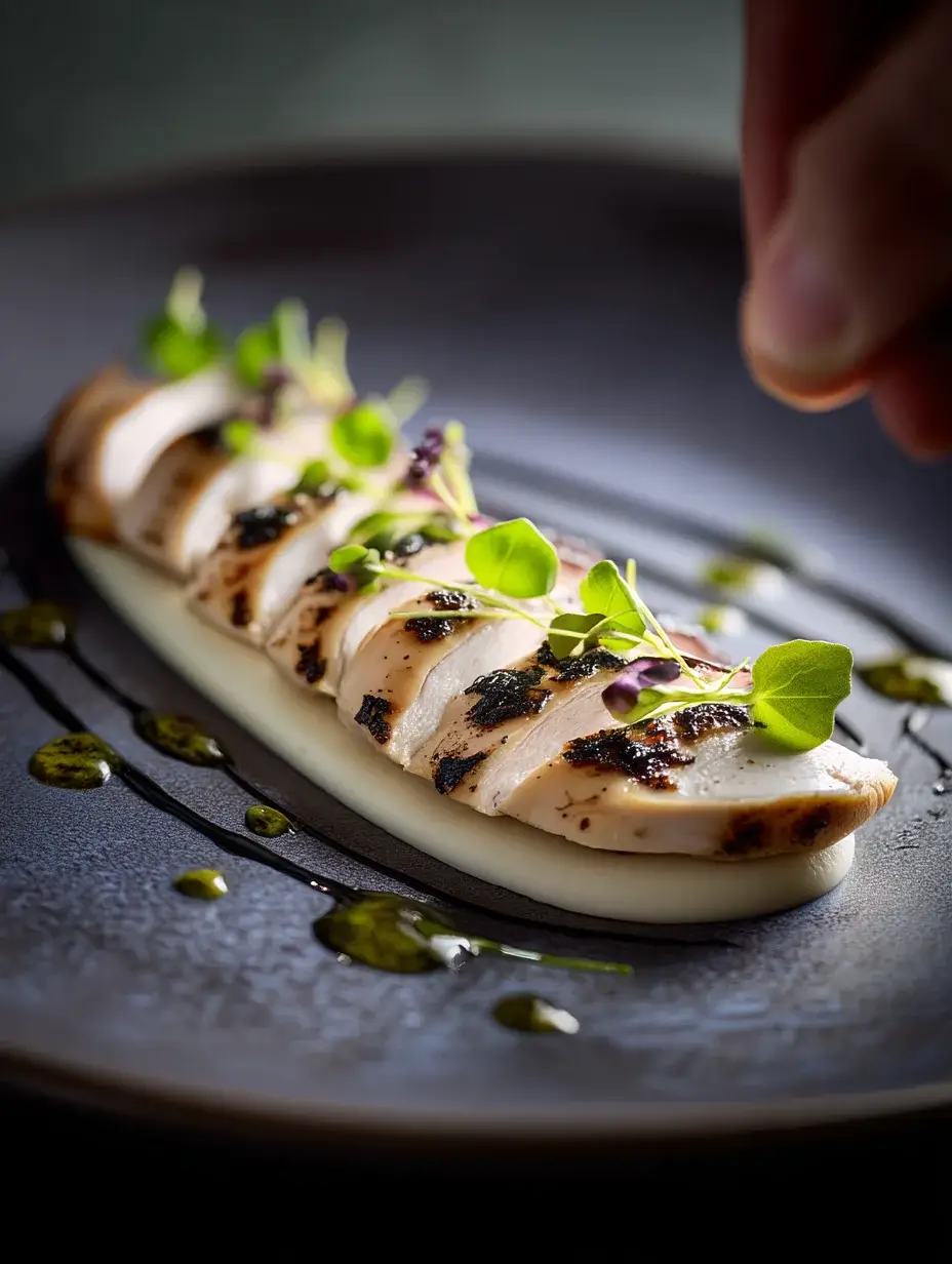Plating sous-vide chicken with celeriac purée, black garlic, and herb oil.