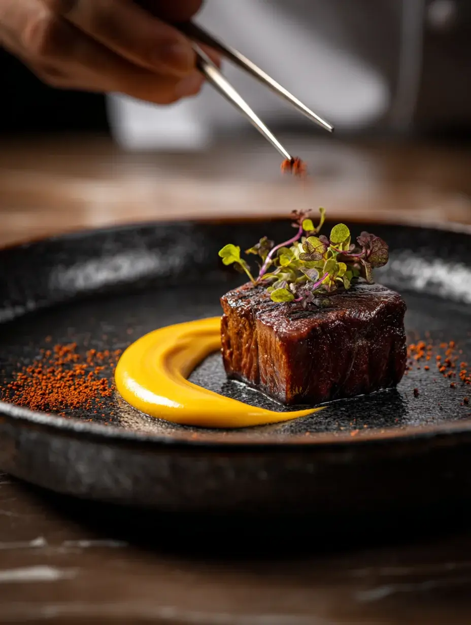 Chef plating Wagyu Seared Cube with corn cream and paprika soil in a minimalist kitchen.
