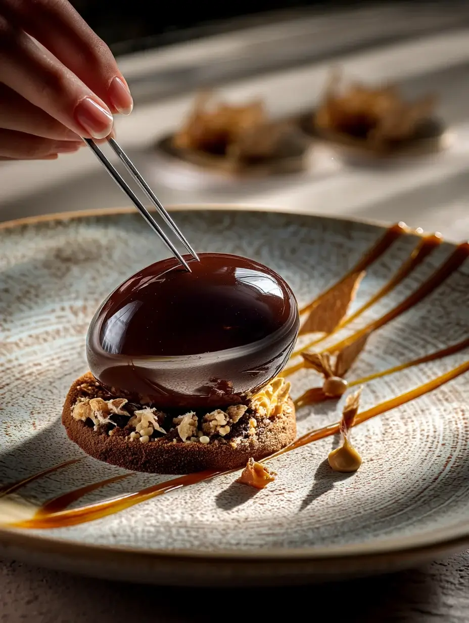 Female chef adding final touches to a Dark Chocolate Mousse Egg dessert with caramel and gold leaf.