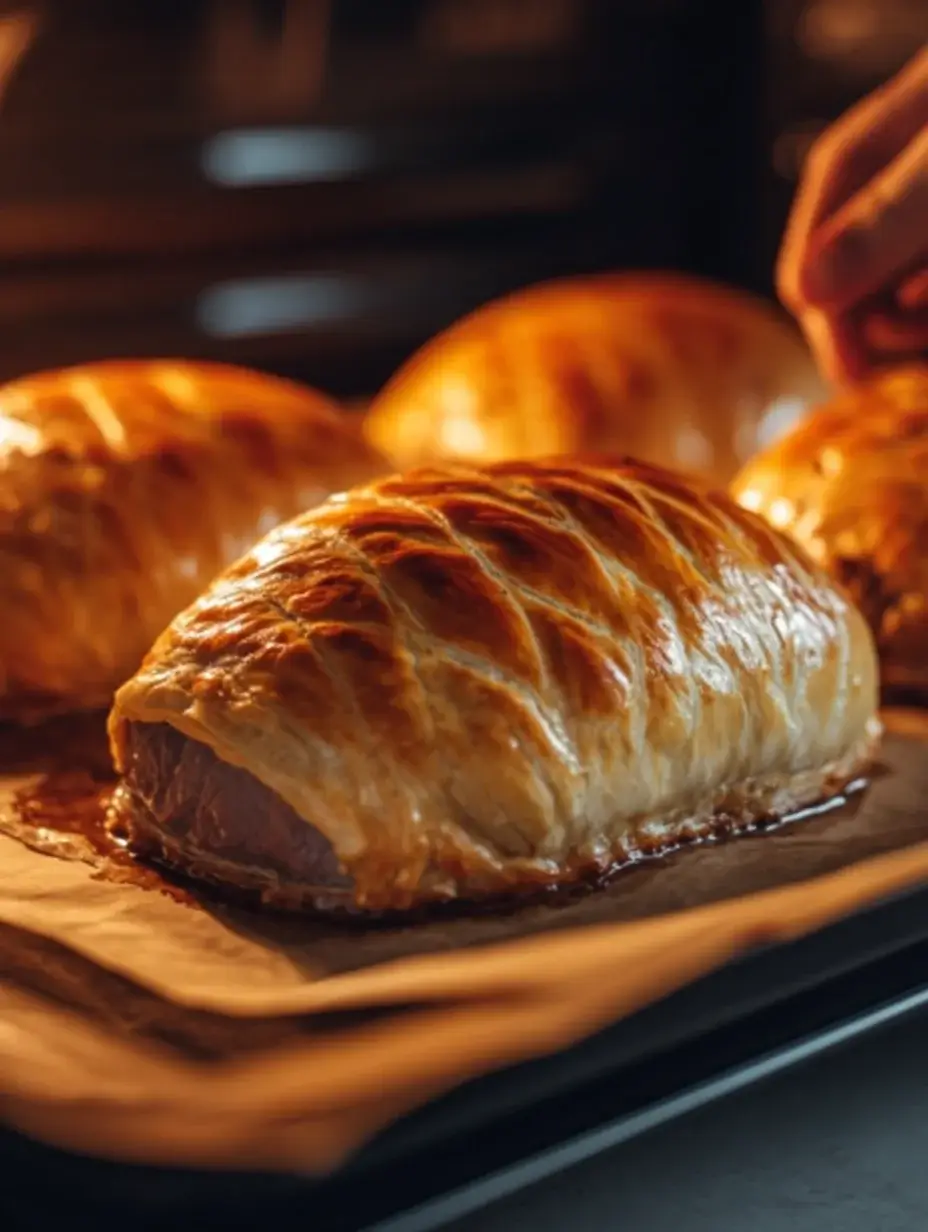 Mini Beef Wellington baking in the oven until golden brown.