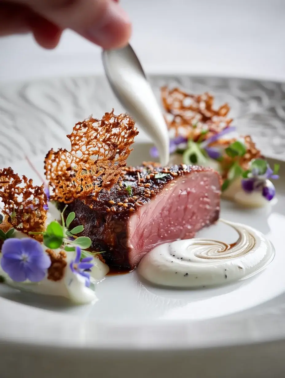 Chef plating Lamb Loin Log with tahini cream and sesame crisps.