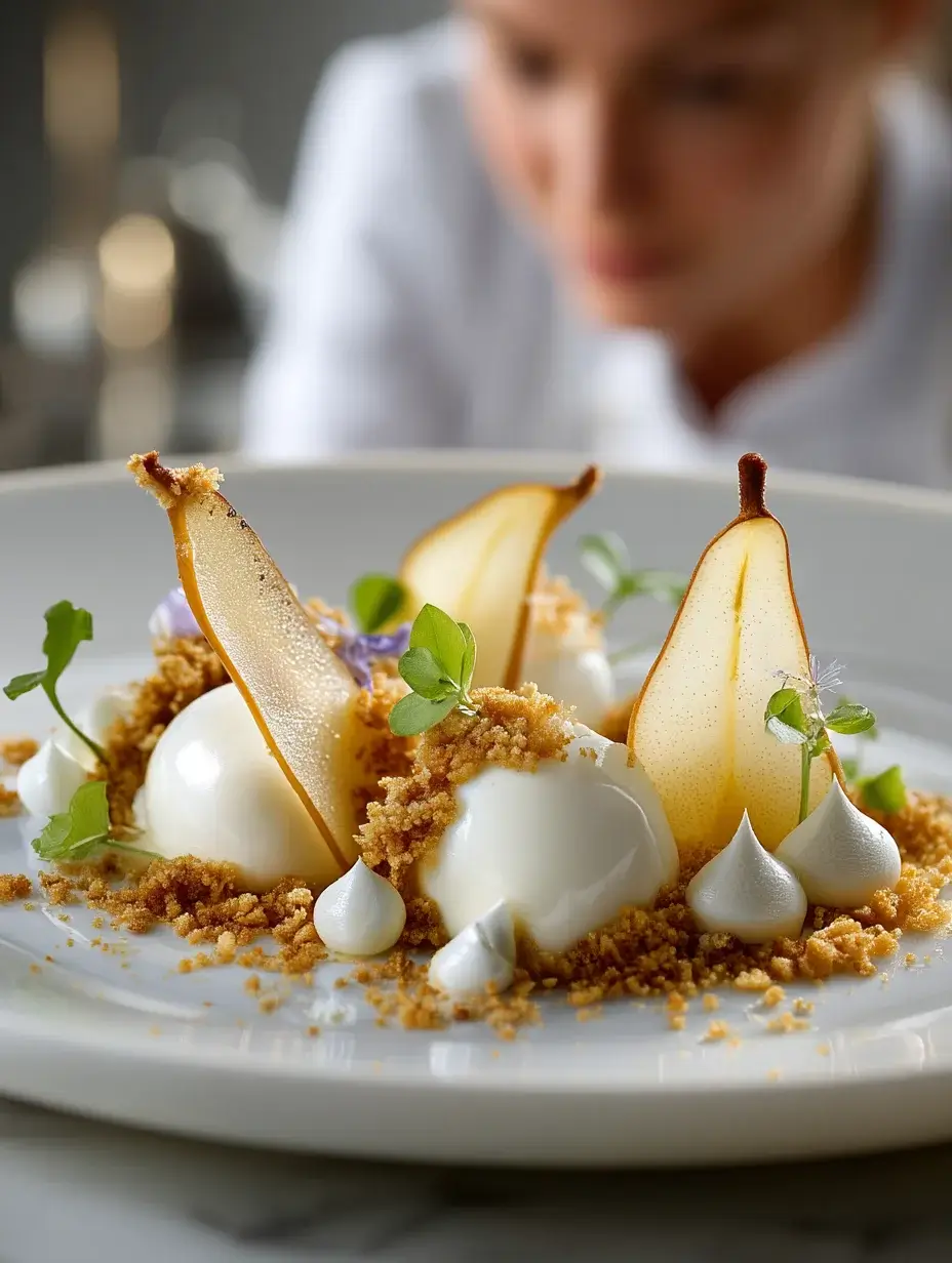 Plated Pear and Vanilla Silk with brown butter crumb and milk foam.