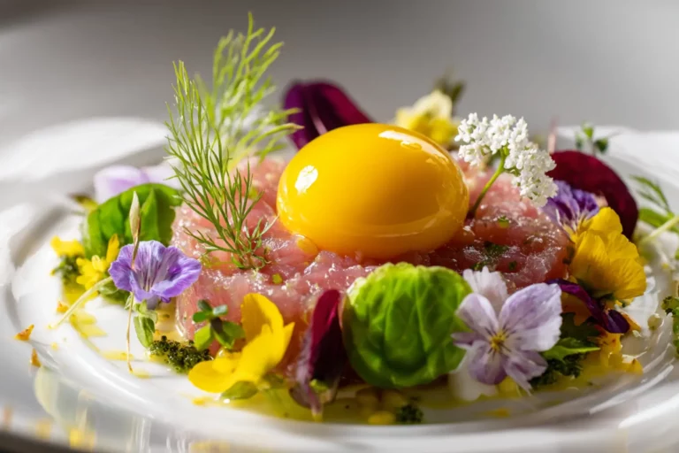 Golden mango “yolk” illusion on tuna tartare with herb oil and edible flowers