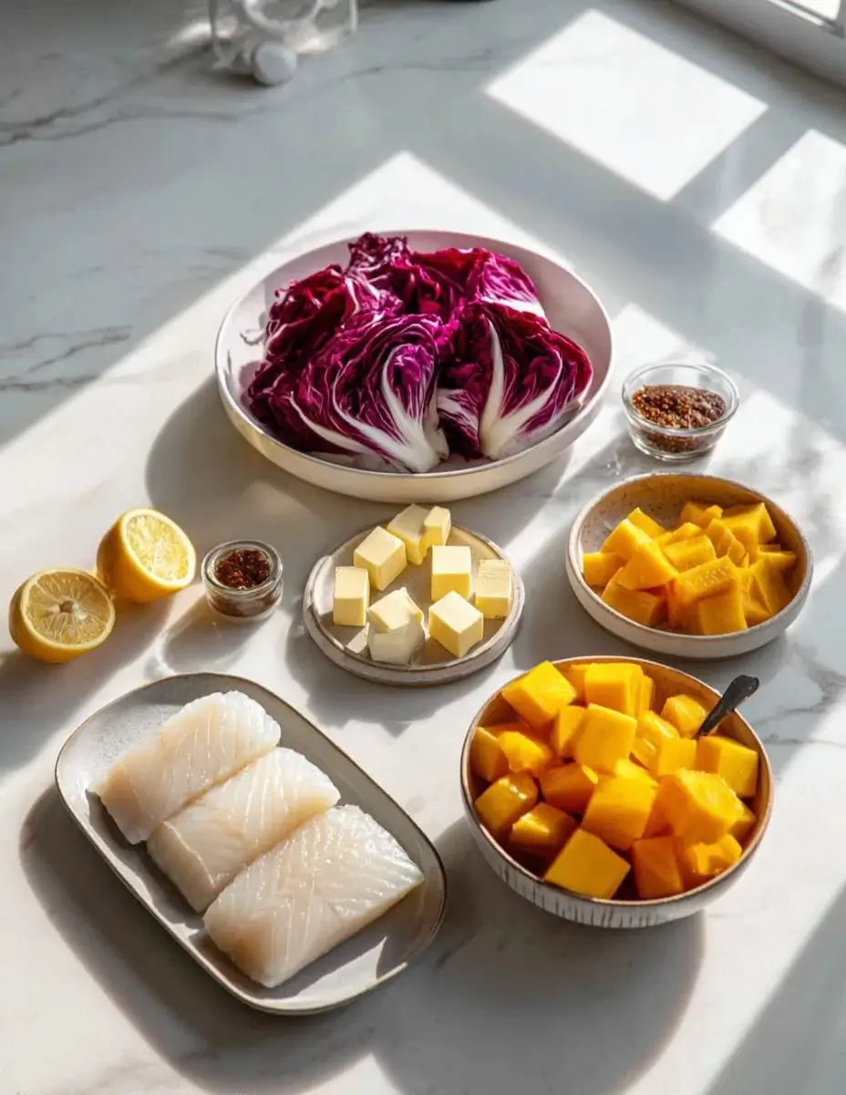 Ingredients for barbecue-smoked cod including cod fillets, pumpkin, kanzuri, and lemon beurre blanc essentials.