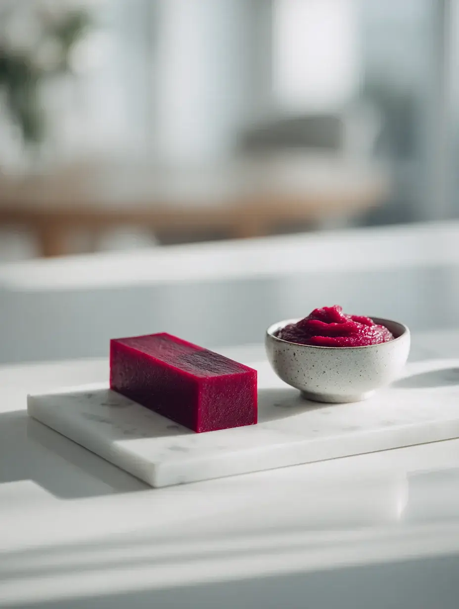 Smooth beet purée in a blender and rectangular beet garnish being cut for plating.
