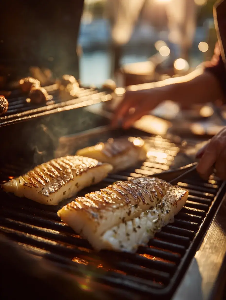 Cod fillets being lightly smoked on an outdoor barbecue grill with applewood chips.
