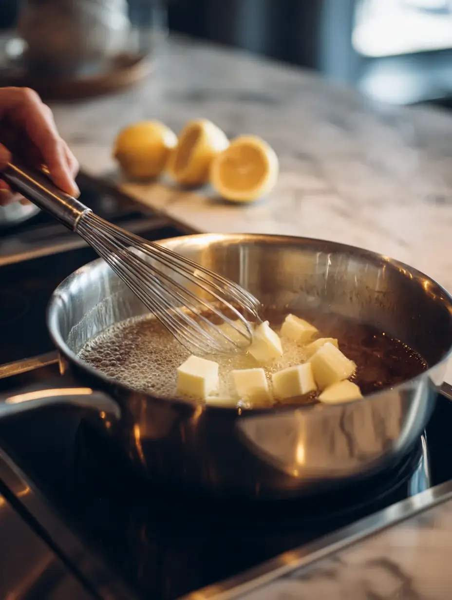 Making lemon beurre blanc sauce with butter and wine reduction on a stovetop.