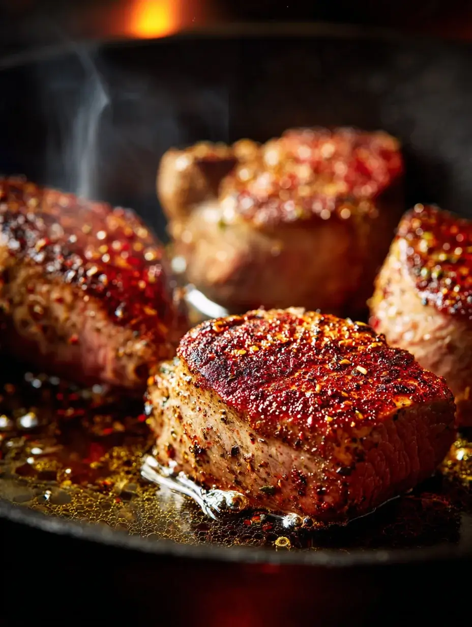 Spiced Lamb Loin searing in a hot skillet with golden crust.