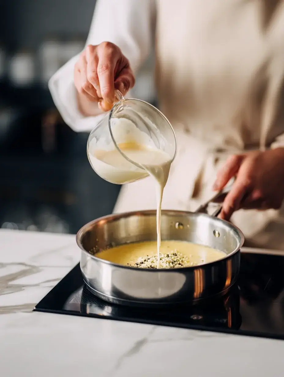 Preparing green peppercorn sauce for steamed halibut in a bright kitchen.
