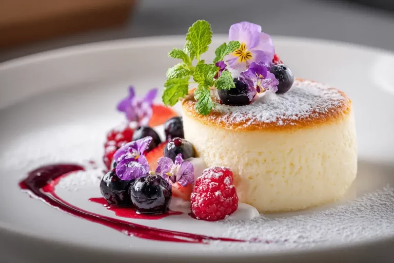 Japanese cotton cheesecake with berry coulis on marble countertop