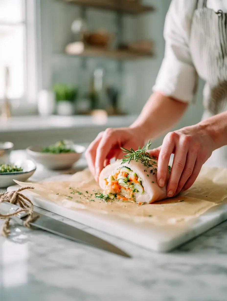 Chef rolling herb-stuffed chicken ballotine on marble countertop