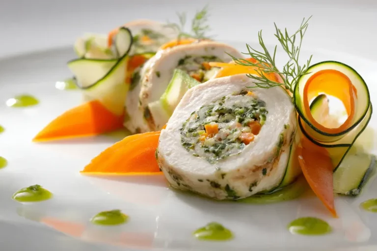 Herb-Stuffed Chicken Ballotine with citrus-herb oil on marble countertop