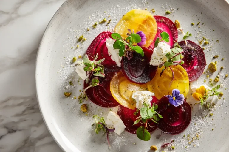 Finished beetroot carpaccio with red and golden beets, goat cheese cloud, pistachio dust, and micro herbs on a ceramic plate