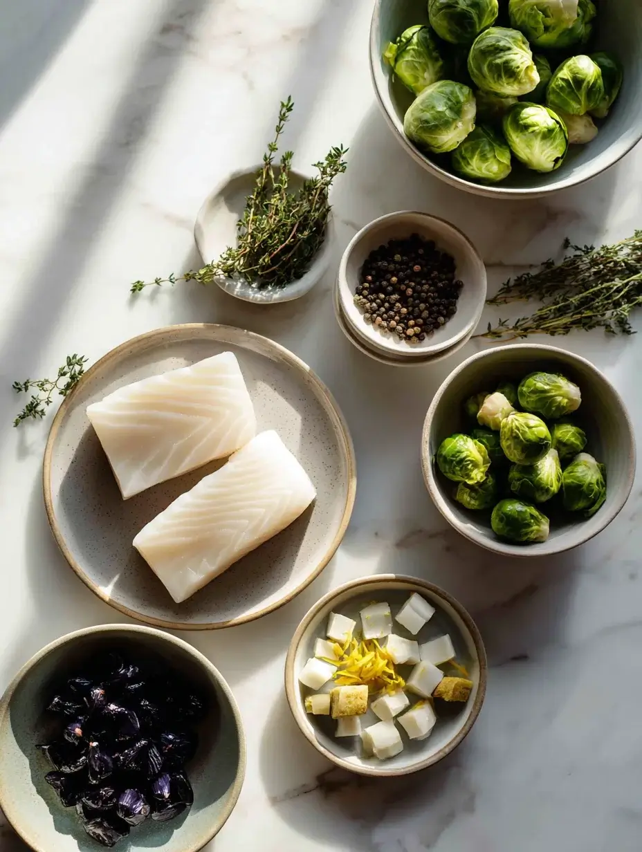 Ingredients for steamed halibut with green peppercorn sauce arranged on white marble countertop.