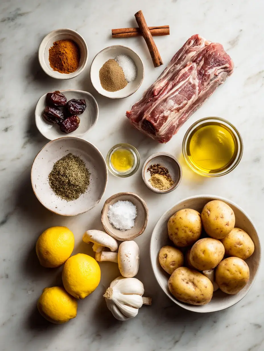 Ingredients for making Spiced Lamb Loin arranged on marble surface.