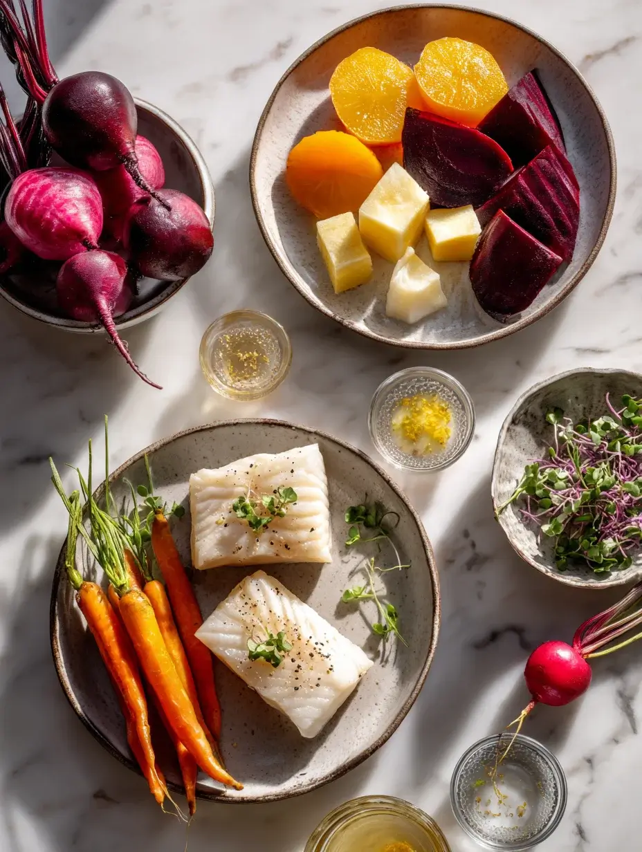 Ingredients for caramelized black cod with beet purée and citrus beurre blanc.