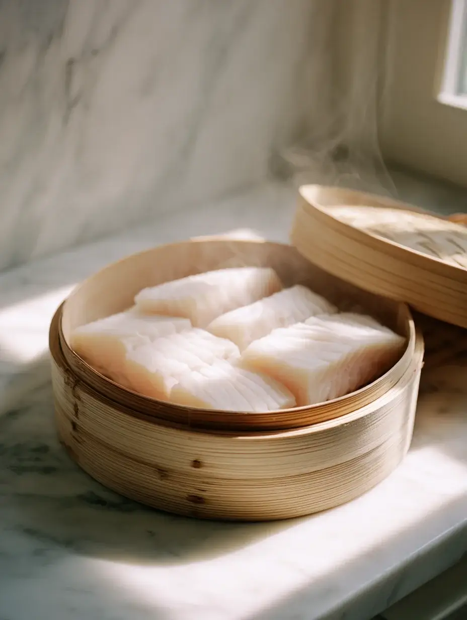 Steaming halibut fillets inside a bamboo steamer.