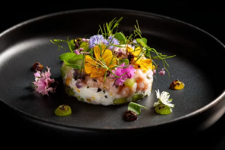 Seafood tartare with yogurt base, pickle dip, and herb oil plated in a modern minimalist style