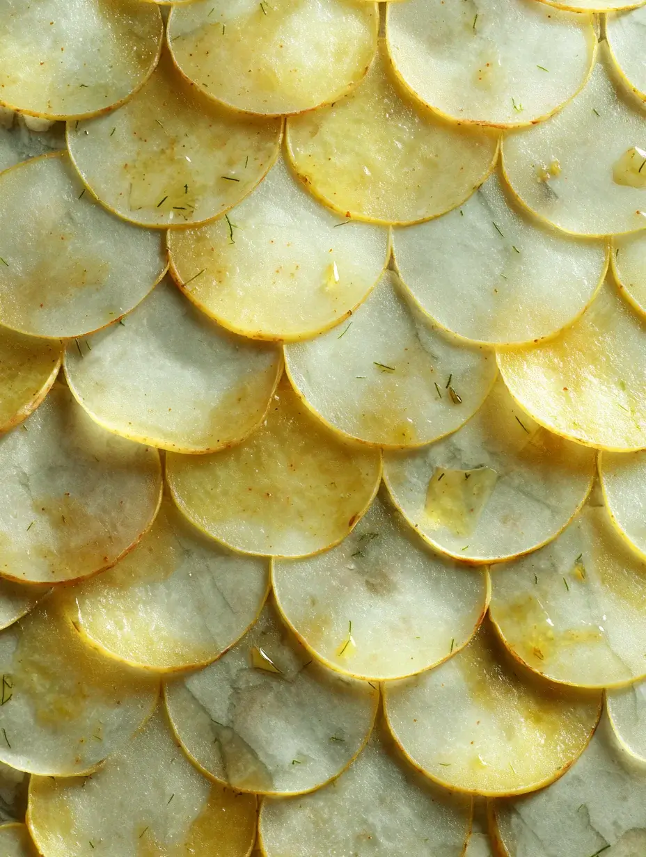 Thinly sliced potatoes arranged like fish scales on parchment paper before baking.