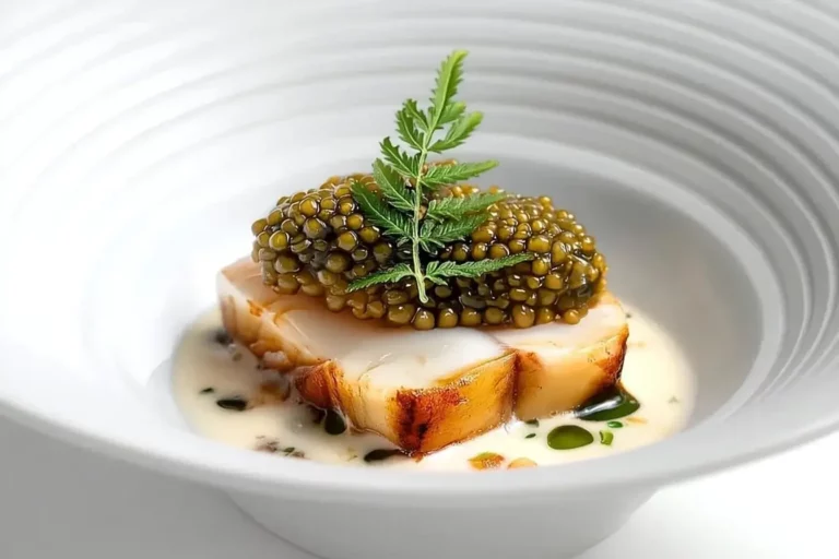 Maine Diver Scallops plated with creamy thyme sauce and fig leaf oil.