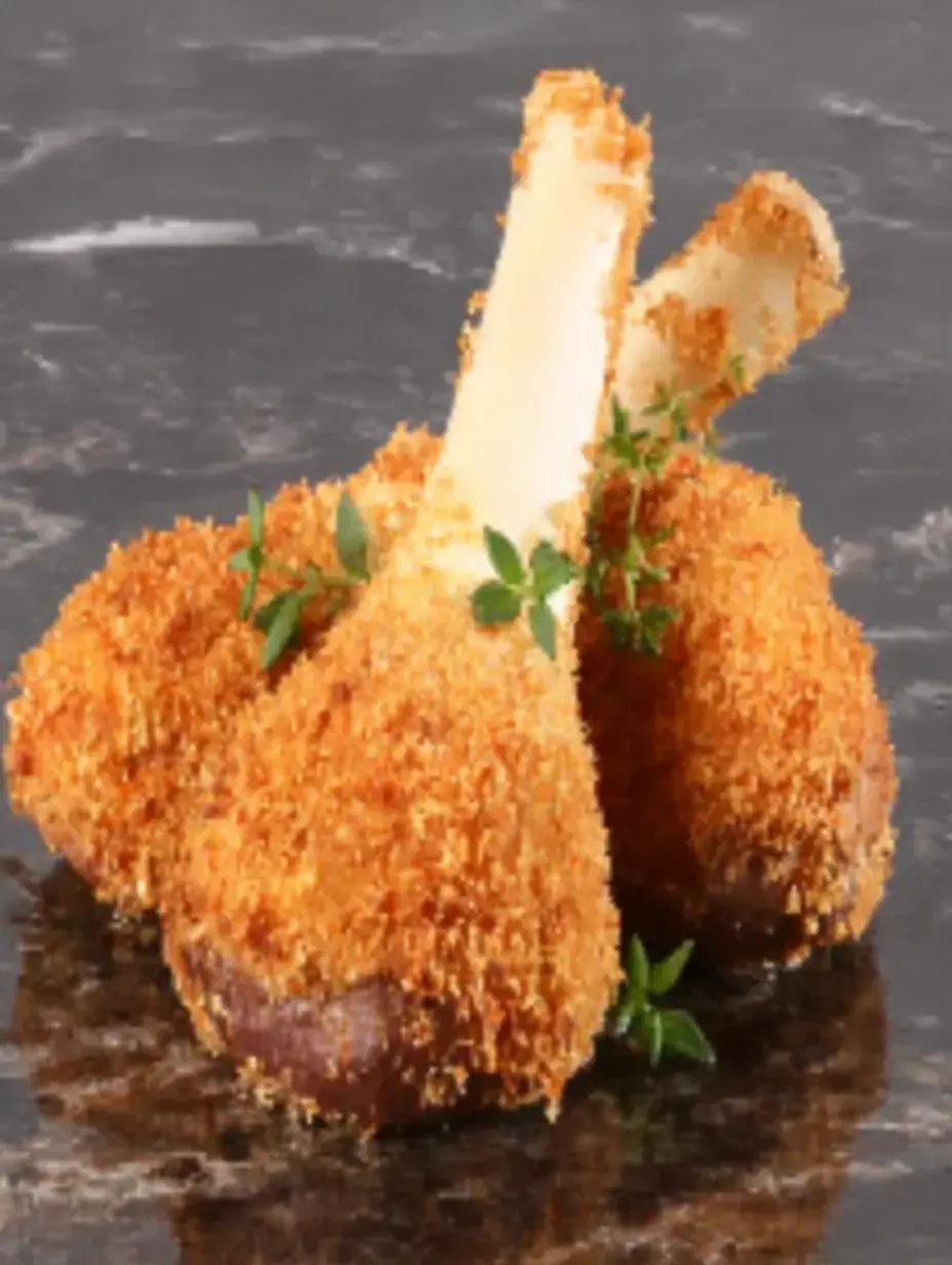 King Oyster mushrooms coated in golden breadcrumbs, shaped like mini drumsticks, ready to fry.