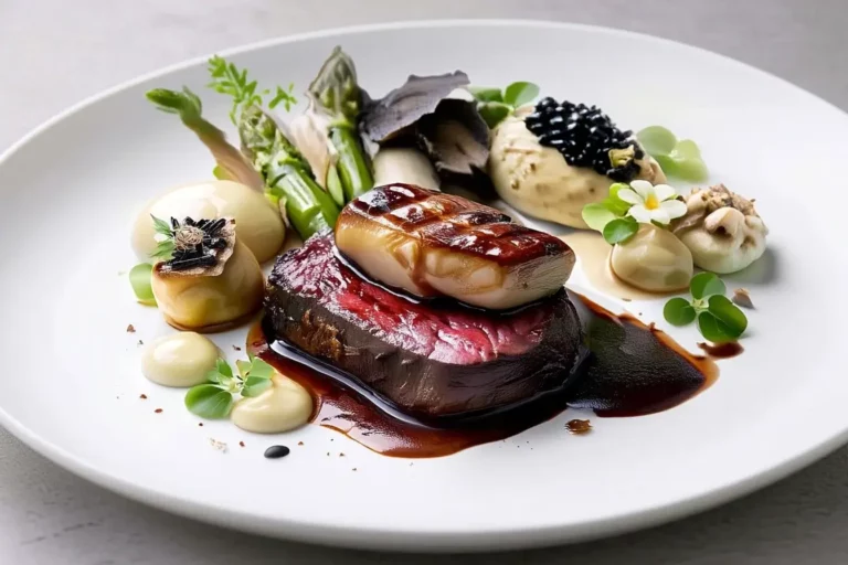 Beef Tenderloin with Seared Foie Gras plated with truffle purée and asparagus