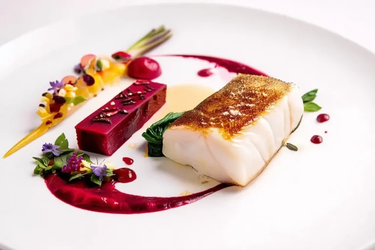 Caramelized black cod with beet purée and citrus beurre blanc on a modern white plate.