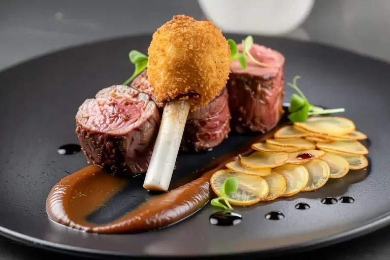 Plated Spiced Lamb Loin with date purée, crispy mushroom drumstick, and layered potato tilapia on a black plate.