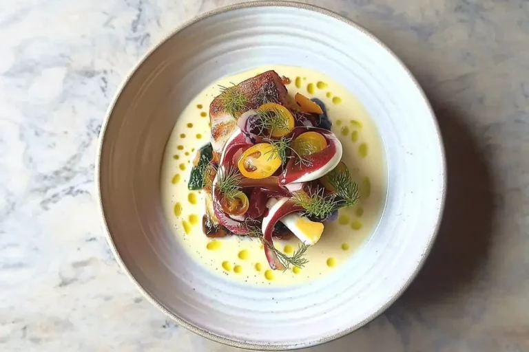 Barbecue-smoked cod with crushed pumpkin, kanzuri, and lemon beurre blanc on marble countertop.