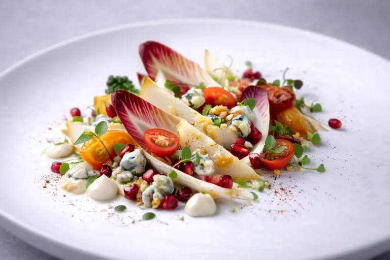 Elegant Chicory and Gorgonzola Salad with pomegranate and walnut crumble.
