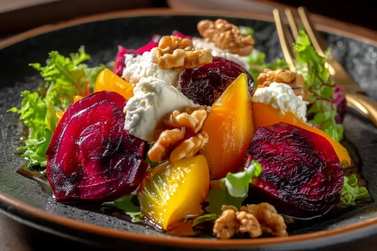 Beet and Goat Cheese Salad on marble counter with modern kitchen background.