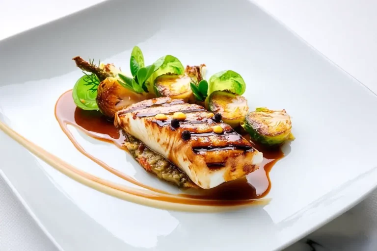 Steamed halibut with green peppercorn sauce and black garlic emulsion plated on white marble counter.