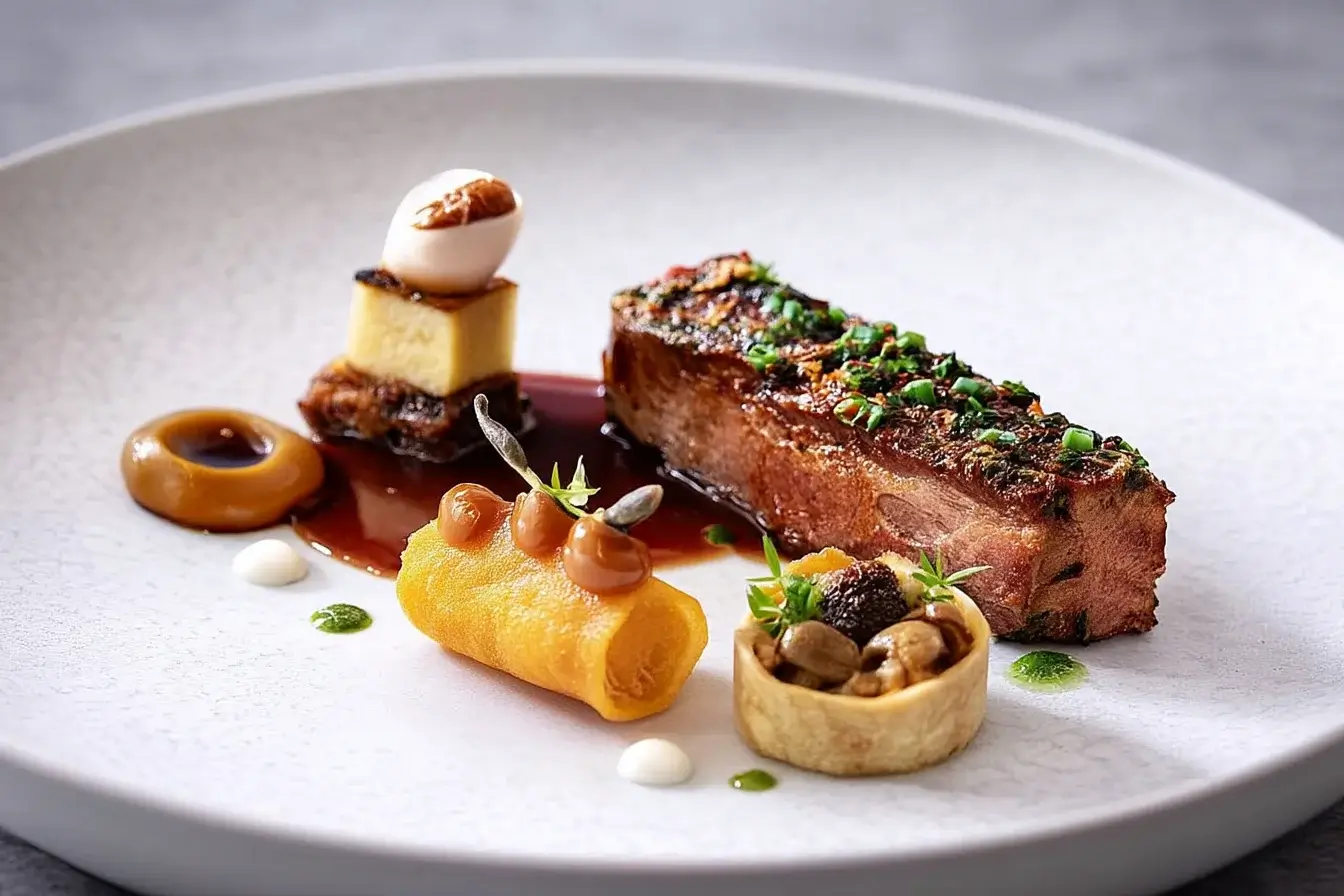 Spiced Lamb Loin with Date Purée, Potato Tuile & Mushroom Timbale