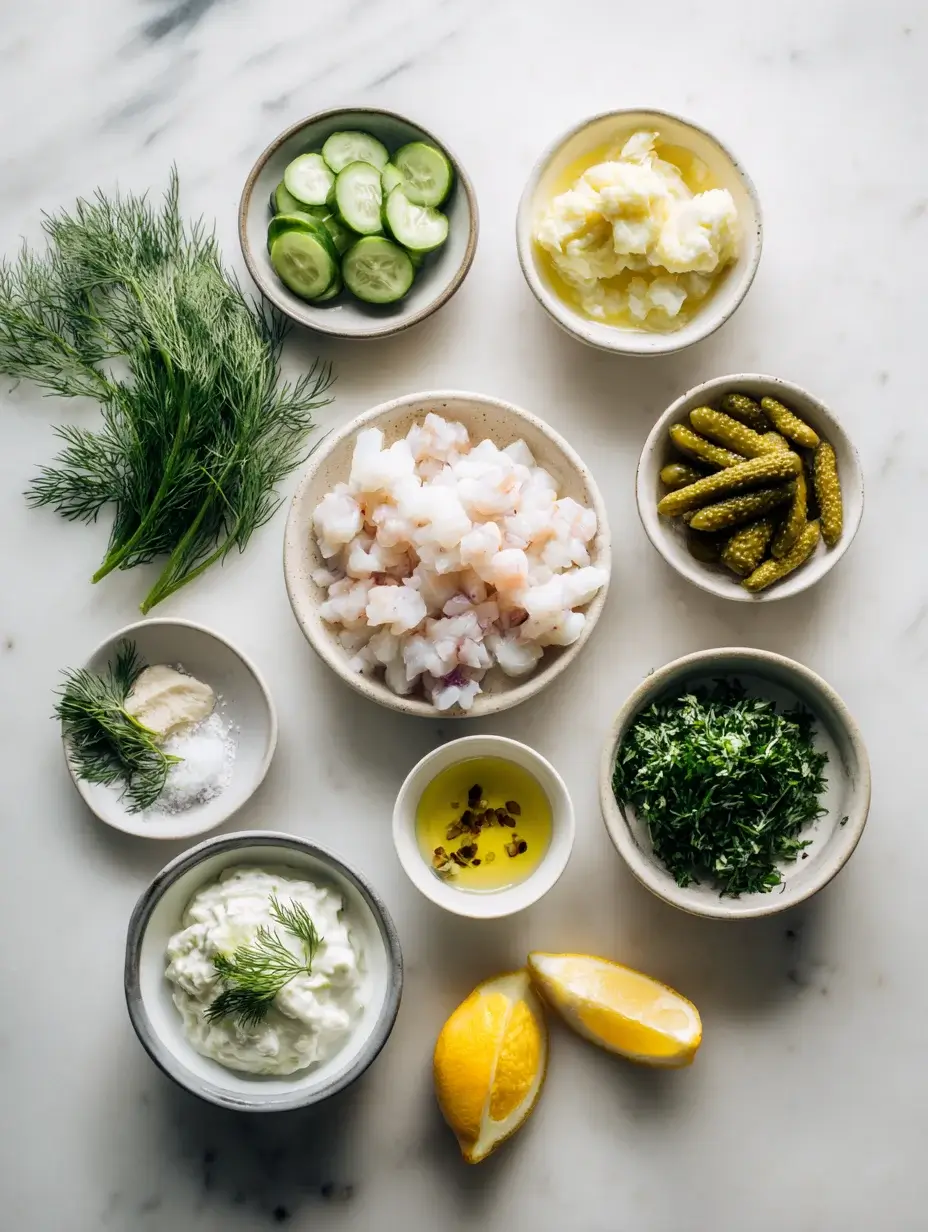 Ingredients for seafood tartare with yogurt, pickles, cucumber, and fresh herbs