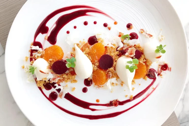 Clementine and beetroot dessert with vanilla cream quenelles, citrus crumble, and beet gel on a white plate