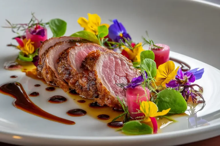 Ingredients for Pan-Roasted Duck Breast arranged in plates and bowls on a marble countertop