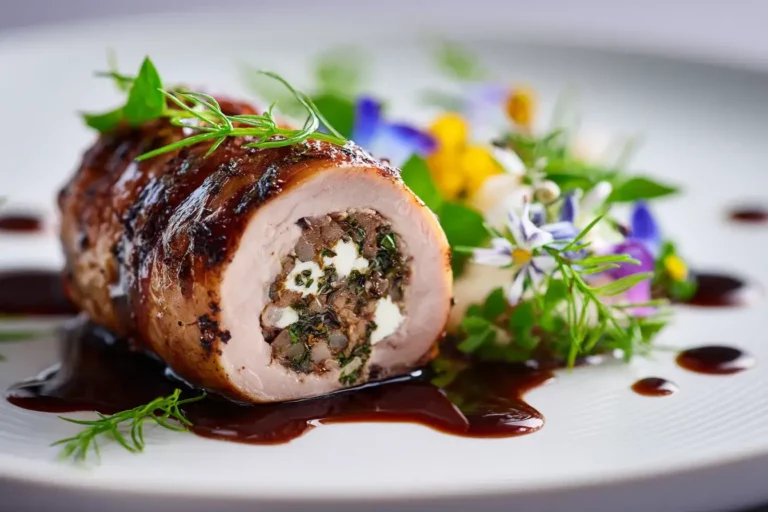 Poultry ballotine stuffed with mushrooms, herbs and cheese sliced with dark reduction sauce