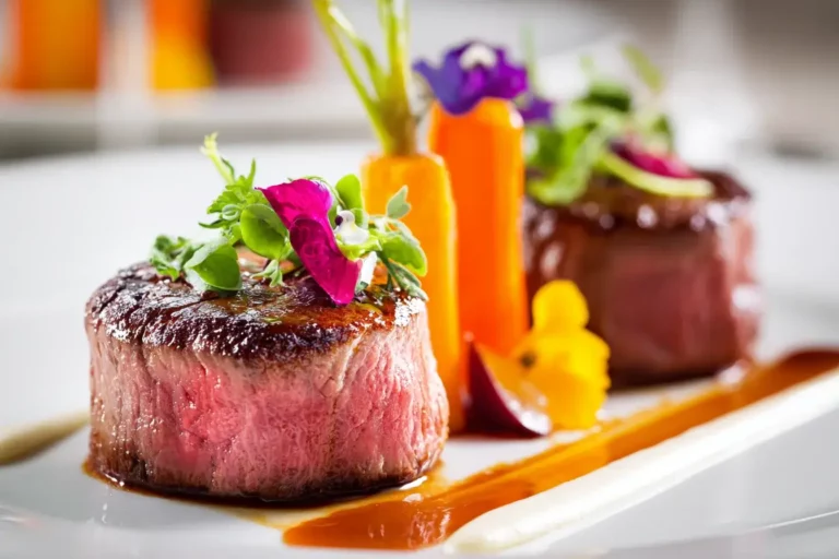 Roasted Beef Loin with Carrot Cylinders served with onion cream and glossy jus on a white plate