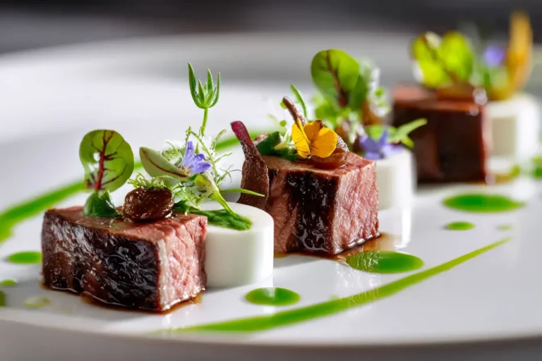 Roasted beef loin with shallot fondant, parsnip cream, and herb oil on a white plate